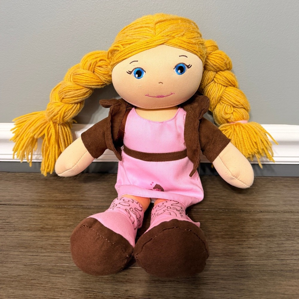 Cracker Barrel Doll Girl Blonde Braids Pink Dress Brown Vest Cowgirl Plush Toy